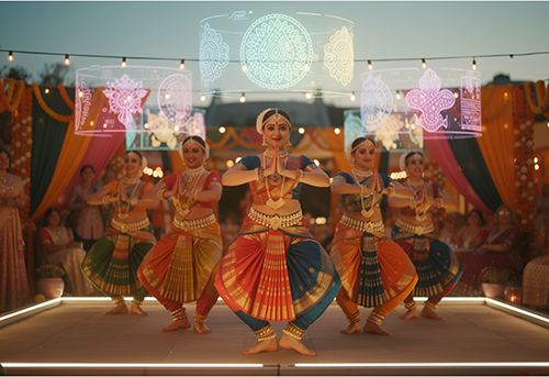 Classical Indian dancers performing Bharatanatyam at wedding ceremony