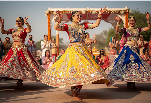 Colorful Rajasthani folk dancers entertaining wedding guests in traditional costumes