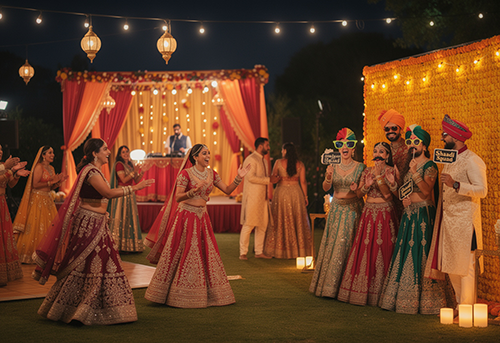 Guests enjoying interactive games and photo booth activities at Indian wedding reception