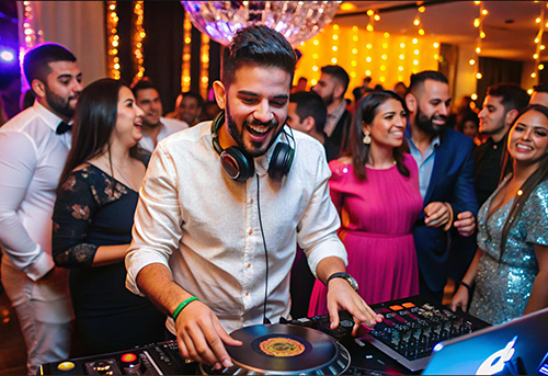 Professional DJ and live band performing at Indian wedding reception with dancing guests