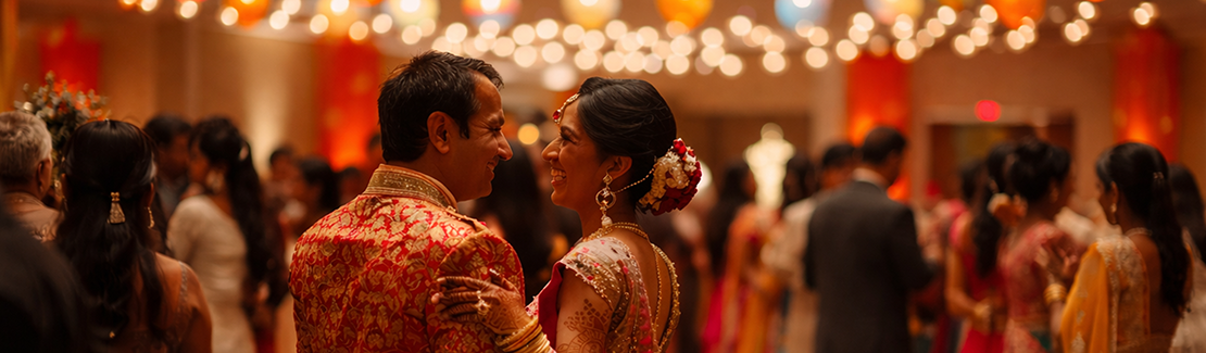Colorful Indian wedding celebration with guests enjoying traditional and modern entertainment activities