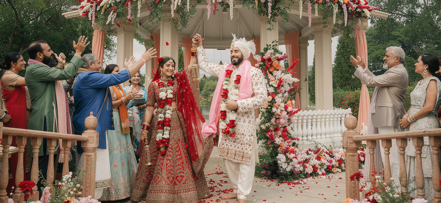 Beautiful Indian bride and groom showing their wedding grooming transformation timeline with skincare and beauty treatments