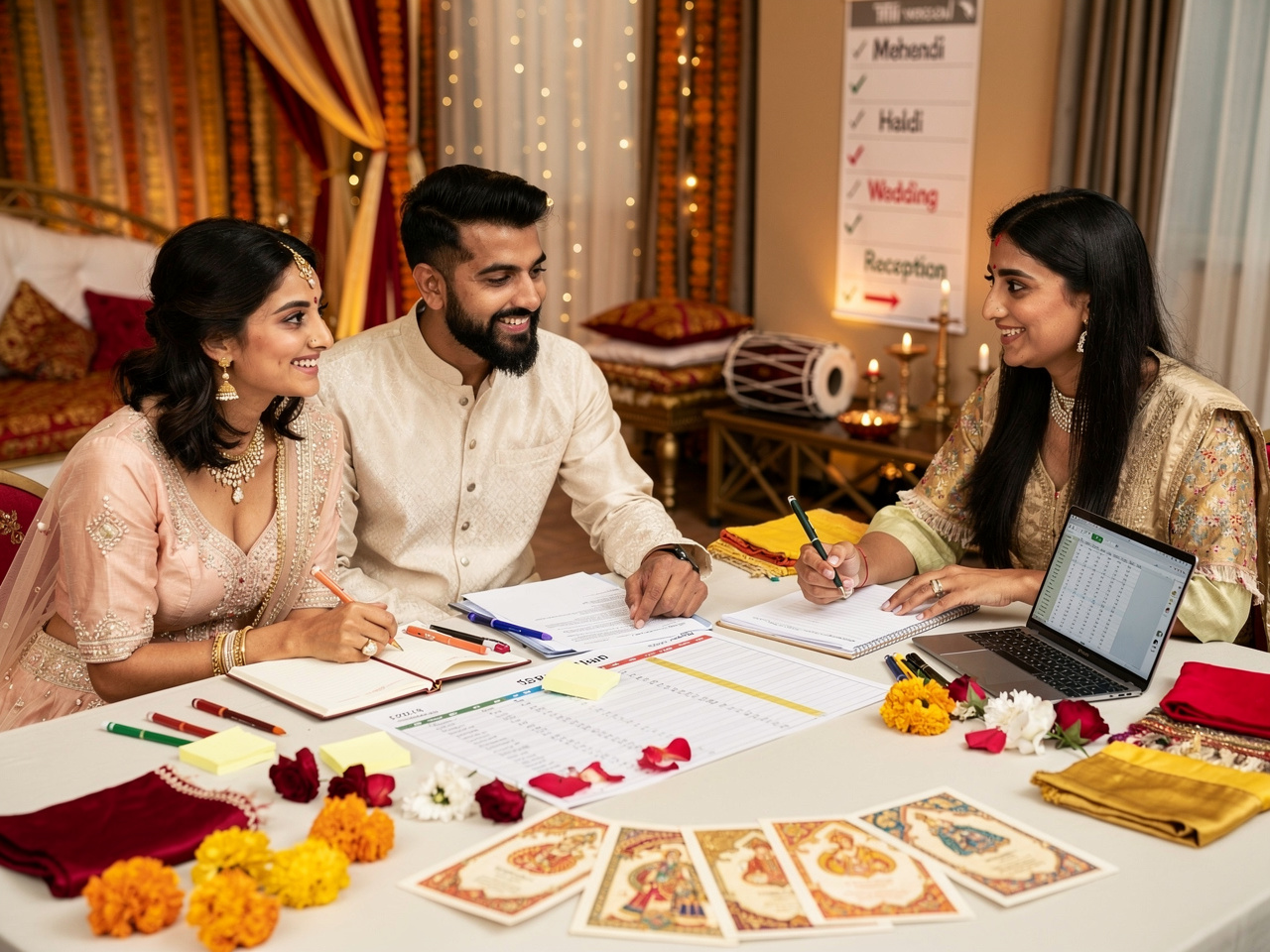 Indian bride and groom reviewing wedding timeline checklist with decorative elements and flowers in background
