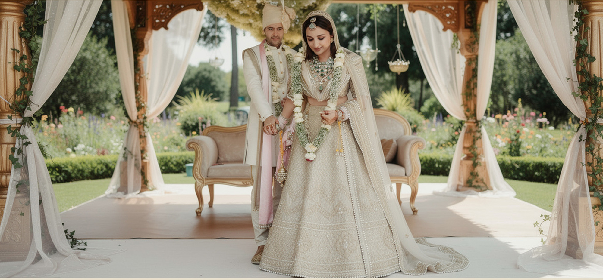 Beautiful Indian bride getting ready with makeup artist applying final touches for wedding ceremony