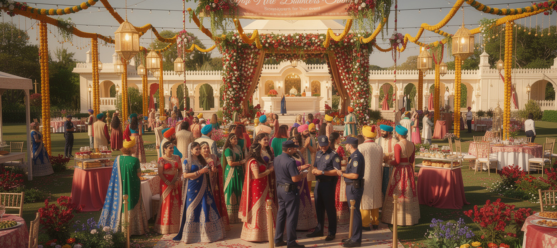 Professional event security team managing crowd at Indian wedding celebration